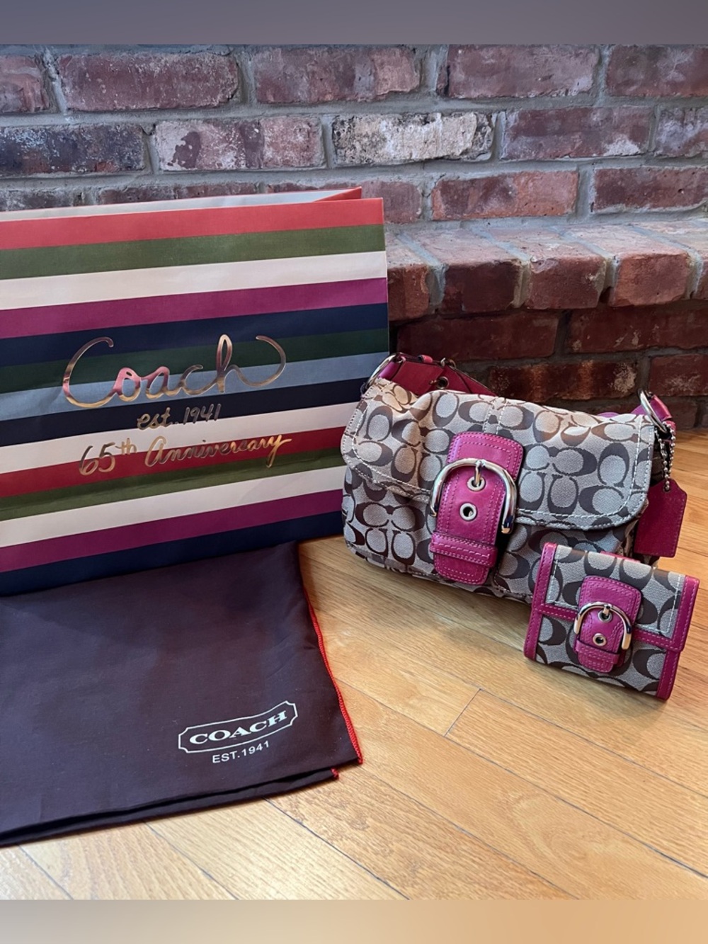 Coach Khaki & Pink Y2K Soho Signature Pocket Flap Shoulder Bag & Wallet Set
